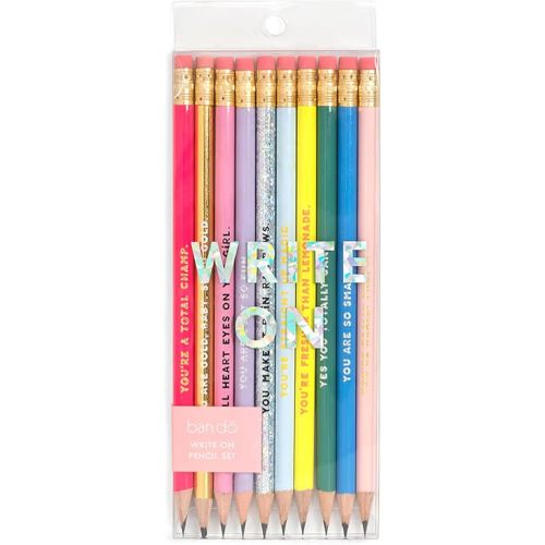 ban.do Write On Colorful Pencil Set of 10, Pre-Sharpened #2 School/Office Graphite Pencils for Adults, Compliment/Sayings Pencils for Girls, Compliments