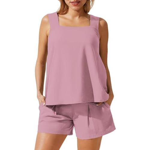 Maacie Maternity 2 Pieces Outfits Summer Linen Shorts Sets Tank Tops Wide Legs Shorts with Pockets