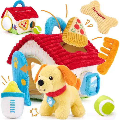 hahaland Baby Montessori Toys for 1 + Year Old – Puppy Plush Sensory Toy Set with Rattle, Crinkle, Mirror & Shape Sorter – Interactive Learning Pretend Play for Toddlers 1-3