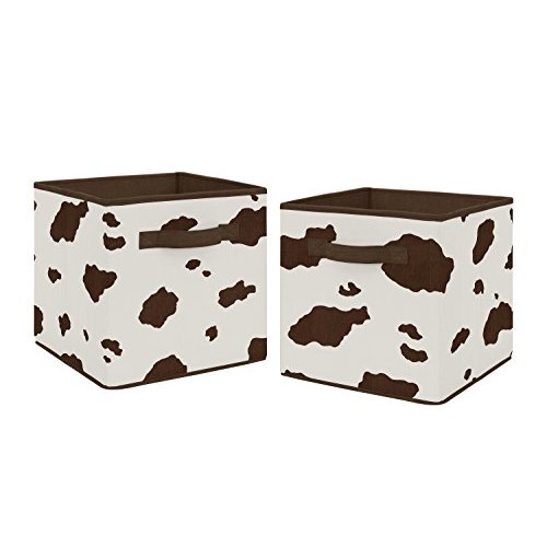 Sweet Jojo Designs Brown and Cream Cow Print Foldable Fabric Storage Cube Bins Boxes Organizer Toys Kids Baby Childrens for Wild West Collection Set of 2