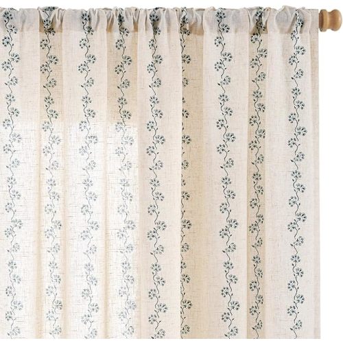 Cathy Blue Linen Floral Curtains 84 inches Long Semi Sheer Drapes 2 Panels for Living Room Bedroom Privacy Light Filtering Curtains Rod Pocket Back Tab 50"x84" Blue on Linen