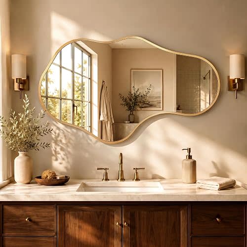 Dorlicecass Irregular Wall Mirror - Wall Mirrors Decorative 22"x 36" Asymmetrical Abstract Mirror Aviation Aluminum Alloy Frame Unique for Bathroom, Bedroom, Living Room, Cloakroom, Entryway Gold