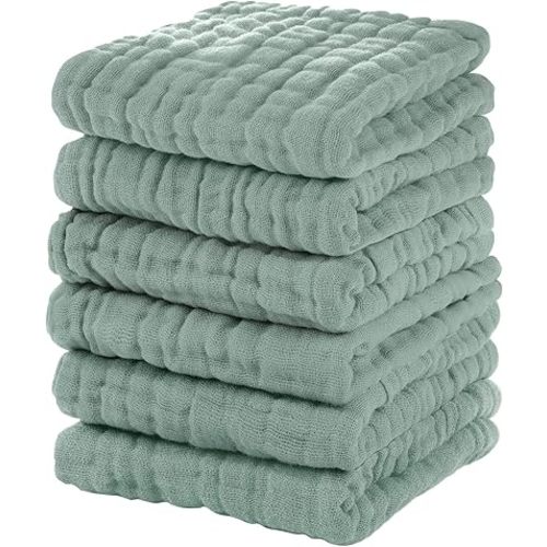 Muslin Baby Washcloths 6 Pack, 100% Cotton Wash Cloths for Babies, Large 12''X12'' Burp Cloths Absorbent and Soft for Newborn Infants Kids Boys Girls - Dark Green