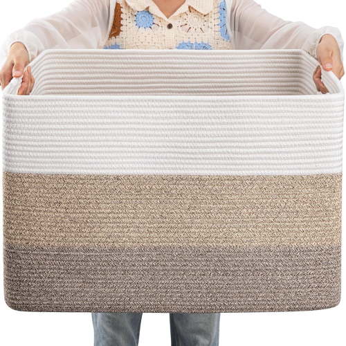 75L Large Blanket Basket（22"x17"）,Large Blanket Basket for Organizing, Dog Toy Bin,baby laundry basket,Cotton Rope Blanket Basket for Living Room, Laundry, Nursery, Pillows (White and Brown)