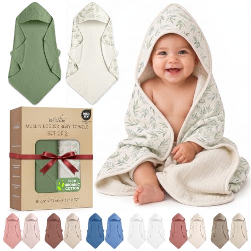 100% Organic Cotton 2 PK Muslin Baby Hooded Towel Wrap 32x32 in | Oeko-TEX Certified, Bath & Hooded Towels, Shower Towel, Kids Towels, Green/Floral , Unisex Design, Ultra-absorbent weave