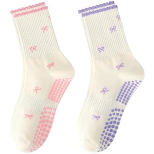 Pilates Yoga Grip Socks for Women, Bow-Patterned Ruffled Crew Socks Ideal for Fitness, Ballet Bar Work&Dance