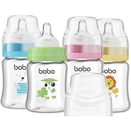 YOHKOH Glass Baby Bottles with Slow Flow Nipple, Newborn Anti-Colic Baby Bottles for 0+ Months, Wide Neck Feeding Bottle, Clear (Multicolour, 5oz (Pack of 4))