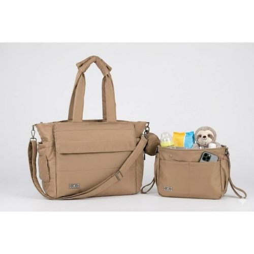 BabbleRoo Flo 2 in 1 Universal Stroller Caddy Organizer and Puffer Tote Diaper Bag Combo, Taupe