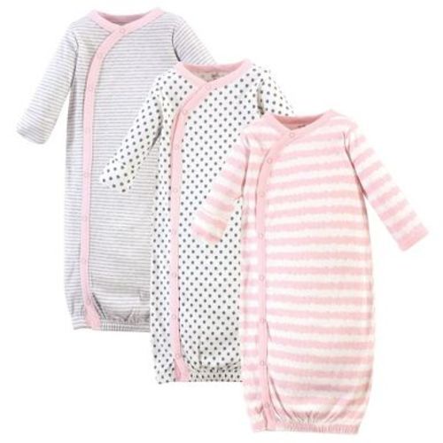 Touched by Nature Baby Girls Organic Cotton Side-Closure Snap Long-Sleeve Gowns 3pk, Pink Gray Scribble, Preemie