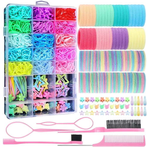 Livhil 24 Colors Hair Rubber Bands with Tail Hair Tools and Hair Clips, 1695 Pcs Elastic Small Hair Ties, Hair Accessories