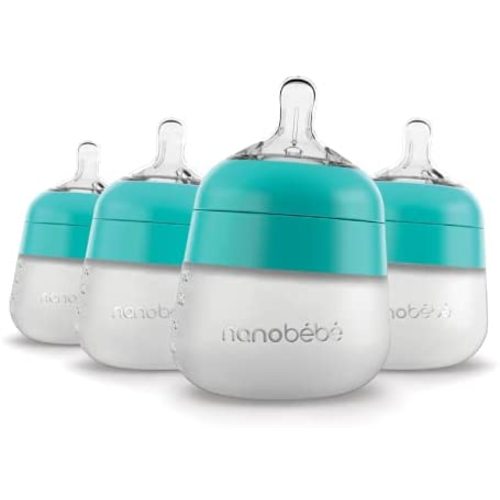 Nanobébé Flexy Silicone Baby Bottle, Anti-Colic, Natural Feel, Non-Collapsing Nipple, Non-Tip Stable Base, Easy to Clean 4-Pack, Teal, 5 oz