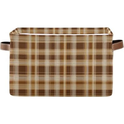 Brown Plaid Pattern Square Baskets Storage Bins Foldable Fabric Organizer Bin Open Home Shelf Baskets