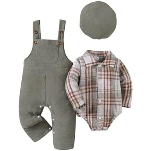Renotemy Baby Boy Clothes Flannel Plaid Bodysuit+Corduroy Overalls+Beret Hat 3Pcs Fall Winter Outfits for 3-24 Months Boys