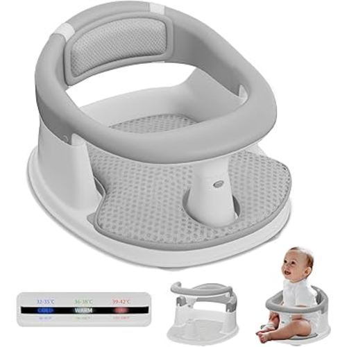 Baby Bath Seat-for Babies 6 Months & up with Temperature Alert+Soft Cushion+Suction, Toddler Bath Seat for Baby, Sitting Up with Baby Bathtub Seat, Grey