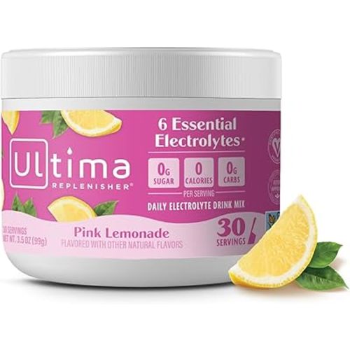 Ultima Replenisher Daily Electrolyte Powder Drink Mix – Sugar Free – Pink Lemonade, 30 Serving – Hydration Powder with 6 Key Electrolytes and Trace Minerals – Keto Friendly, Vegan, Non-GMO