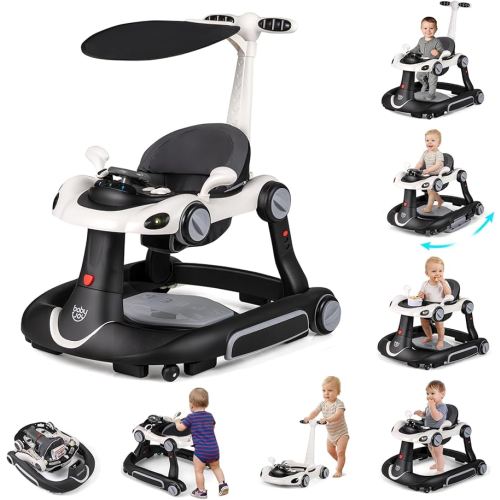 BABY JOY 7-in-1 Baby Walker, Foldable Baby Walker and Bouncer Combo with Handle, Adjustable Height & Speed, Music, Lights, Rocker/Push Mode, Baby Walker with Wheels for Boys Girls 7-18 Months (White)