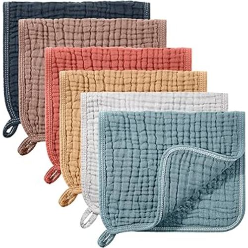 Hicarer 6 Count Muslin Burp Cloths Cotton Baby Burping Rags Large 20 x 10 Inch 6 Layers Spit up Rags Soft Absorbent Multicolor Wash Cloths Diapers for Newborn Baby Girl Boy(Retro Colors Series)