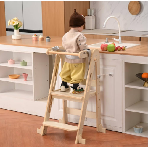 Kids Kitchen Step Stool, Foldable Toddler Tower, Height Adjustable Toddler Standing Tower with Safty Rail and Anti-Slip Device, Wooden Stool for 1.5-6 Years(Nature-Wood)