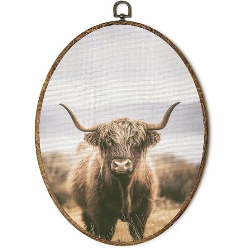 FSTCSV Vintage Highland Cow Oval Wall Art Framed, Farm Animal Western Cows Canvas Prints Wall Hanging Art, Rustic Farmhouse Highland Cow Oval Walls Decor for Home Living Room, 8.5x11.5in