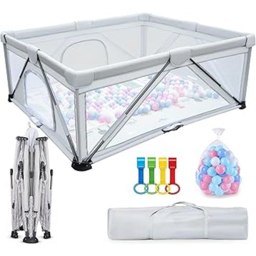 Foldable Baby Playpen 59x59 inch, iTiLike Playpen for Babies and Toddlers with 50 PCS Ocean Balls & 4 Handles, Indoor & Outdoor Kids Safety Play Pen Area, Portable Travel Play Yard,Gray