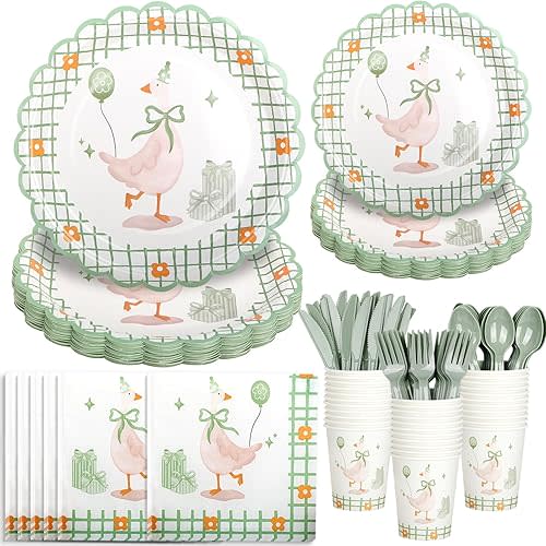 182 Pcs Sage Green One Silly Goose Party Tableware Set - For 26 Guests - Goose Theme Party Paper Plates And Napkins Kit - For Baby Shower Birthday Party Decorations