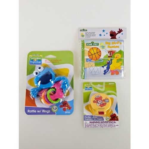 3x Lot Sesame Street Cookie Monster Rattle, Soft Book & Pacifier Holder Baby New
