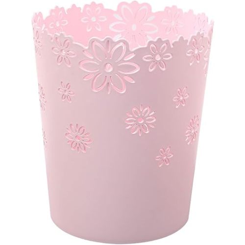 Wastebasket, Hollow Flower Shape Plastic Lidless Wastepaper Baskets Trash Can - M - Pink