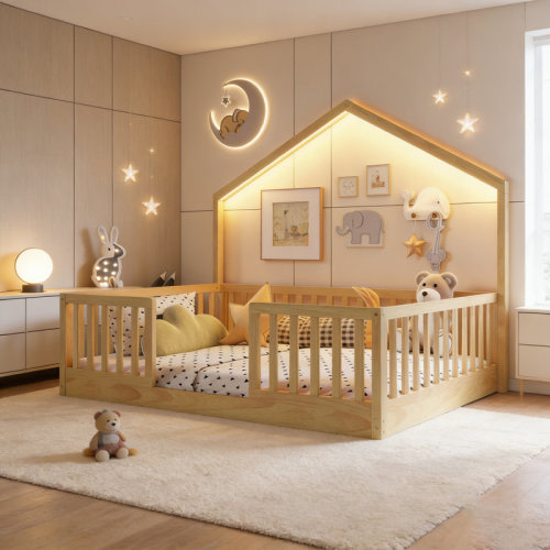 Latitude Run® Floor Bed With High Safety Rails, Wooden Montessori Design For Kids | Wayfair