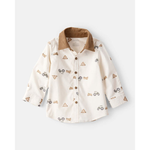 Baby Boy Tractor Print Cotton Long-Sleeve Button Down Shirt - White - Carter's | Carter's
