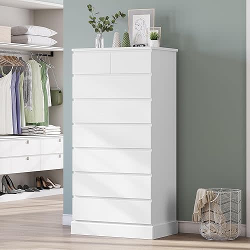 DICTAC White Tall Dresser for Bedroom with 8 Drawers, 59.6" Tall Dressers & Chests of Drawers, Modern Wood Closet Organizer and Storage Cabinet, Large Vertical Dresser for Bedroom, Closet, Hallway