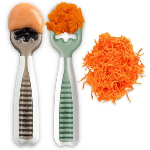 NumNum Baby Spoons Set, Baby Essentials Pre-Spoon GOOtensils for 6+ Months, First Stage Self-Feeding Spoons for Baby Led Weaning (BLW), Silicone Toddler Utensils, BPA-Free, 2 Pack Gray/Green