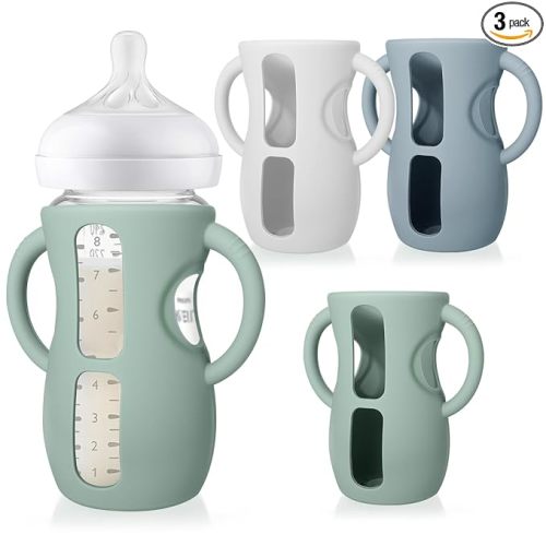 Juome Silicone Sleeves with Handles for Avent Natural Glass Baby Bottle - 3 Pack Anti Breakage Baby Bottles Holder, Compatible with Philips Avent Anti Colic Baby Bottles 8 oz