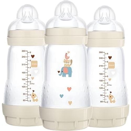 MAM Easy Start Anti-Colic Bottle, Baby Essentials, Medium Flow Bottles with Silicone Nipple, Unisex Baby Bottles, Designs May Vary, 9 oz (3-Count),