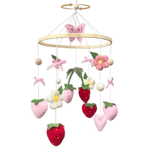 Strawberry Baby Crib Mobile for Girls Handmade Pink Bow Nursery Decor for Infant Bedroom Hanging Flowers and Butterflies Mobile for Crib Baby Girl Strawberry Shortcake Decor Newborn Gift
