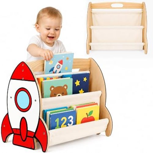 Rocket Double-Sided Bookshelf with 4 Tier Deep Sleeves Wood Books Organizer Wooden Montessori Book Rack Rocket Book Shelf Books Display Shelves for Daycare Nursery Room Playroom Classroom Bedroom