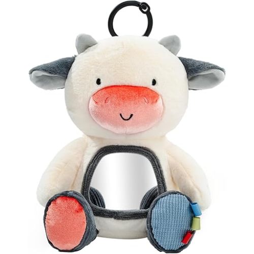 Koty Musical Tummy Time Toy,Baby Mirror Toy 3 Years Old, Infant Sensory Toy with Crinkle Sounds, Textures, Mirror & Melody Music Box for Tummy Time and Self-Discovery (White Cow)