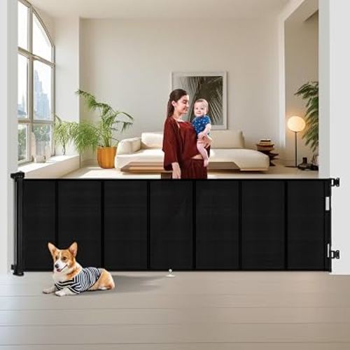 Miumoon 150 inch Reinforced Retractable Baby Gates 34 inch Tall | Retractable Dog Gate with No Crawl Through Reinforced Strip, 12 FT Extra Wide Retractable Gate for Indoor/Outdoor