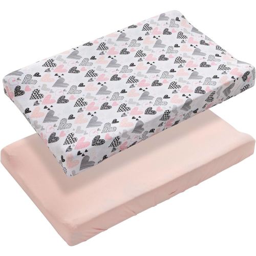 Pack of 2 Changing Pad Cover, 100% Cotton Breathable Changing Table Cover, Ultra Soft Diaper Changing Pad Covers Sheets for Newborns Infant Babies Girls Boys (Pink and Hearts)