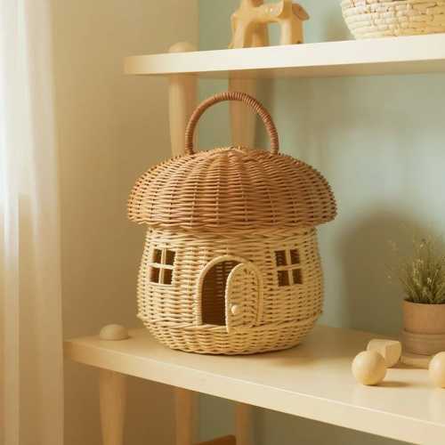 Mushroom House Rattan Basket | Wicker Storage Organizer with Lid | Kids Room Decor | Nursery Toy Storage Box | Woodland Fairycore Decor