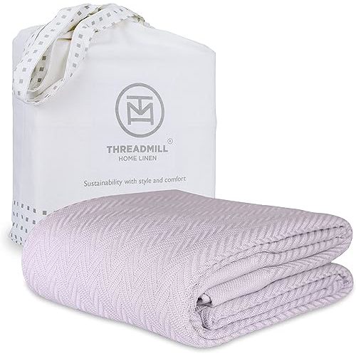 Threadmill Luxury Cotton Blankets for Twin Size Bed | All-Season 100% Cotton Twin Blanket for Bed | Herringbone Soft & Cozy Fall Thermal Blanket, 350GSM, 68x92 inches | Lilac