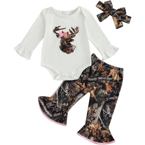 Newborn Baby Girl Hunting Clothes Deer Long Sleeve Romper Jungle Camo Flare Pants Set 3 Piece Fall Winter Outfit