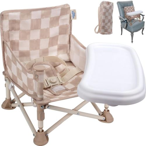 Tiny Marvels Portable 3-in-1 Baby Booster Seat, Cozy Floor Seat, Feeding Seat with Tray, Compact Foldable Toddler Booster with Child Safety Belt Carry Bag, Perfect for Travel (Sand Checker)