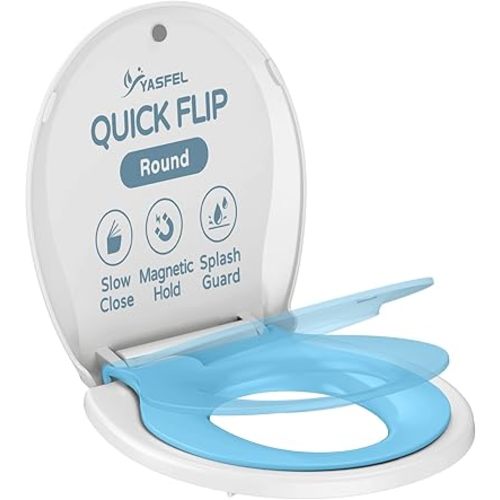 YASFEL Toddler Toilet Seat Built in, Potty Training Toilet Seat for Toddlers, Kids & Adults White Plastic Toilet Seats Standard Round Slow Close with Magnets Blue (Round, 16.5”)