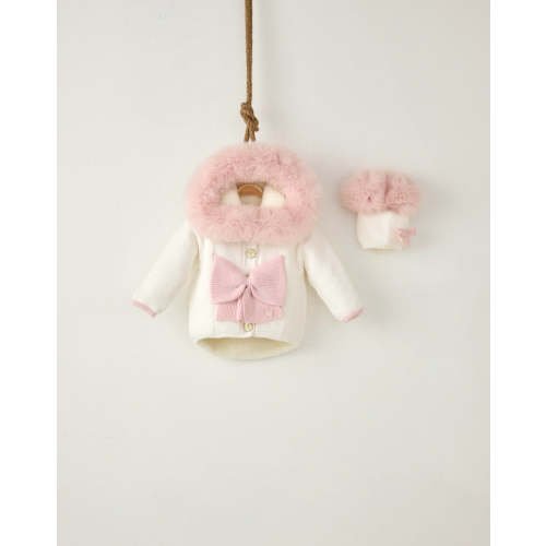 Ivory MI LOVES SIGNATURE Little Doll Cardigan with Pink Fox fur trim and Bow details.