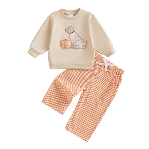 Toddler Baby Boy Halloween Pumpkin Smocked Outfit Long Sleeve Embroidery Sweatshirt Gingham Pants Two Piece Clothes