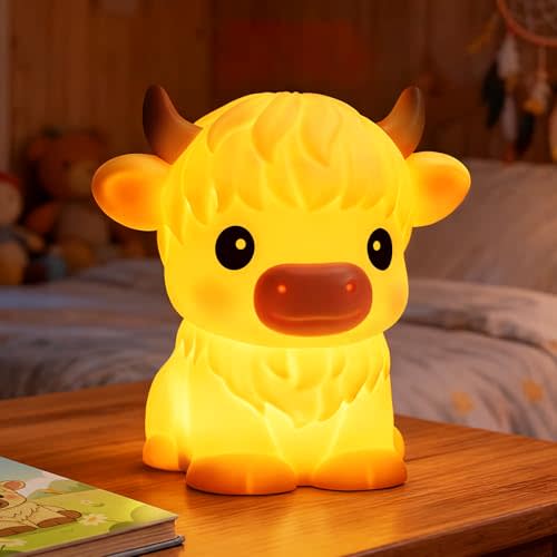 BPA-Free Silicone丨Huggwaii Highland Cow Night Light for Kids, Dimmable Squishy Night Light Touch Cow Lamp, Highland Cow Gifts for Nursery, 30 Auto-Off Timer, Cute Room Decor for Boys Girls Women