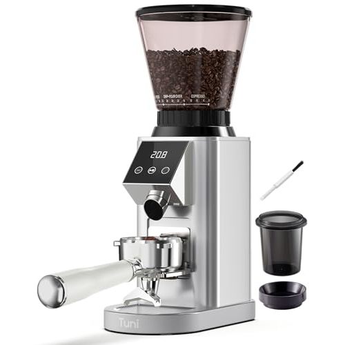 Tuni G1 Conical Burr Coffee Grinder, 48 Grind Settings Anti-static Burr Mill, Precision Electronic Timer and LED Touchscreen for Espresso/Drip/Cold Brew/French Press, Stainless Steel, Silver
