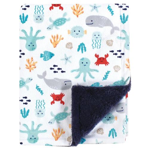 Hudson Baby Unisex Baby Plush Blanket with Furry Binding and Back, Sea Characters, One Size