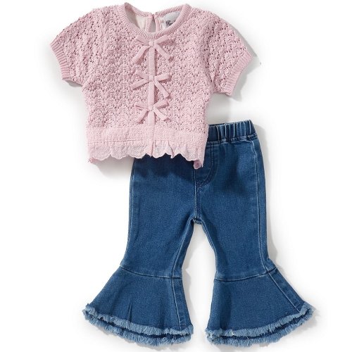 Rare Editions Baby Girls Short Sleeve Lined Sweater & Pull-On Ruffle Hem Jeans 2-Piece Set
