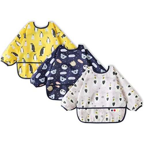 COOZYNANA Long Sleeve Bib 3 PCS, 6-24 Months Waterproof Smock Bibs For Babies with Catch-all Pocket, Baby Infant Toddler Bibs